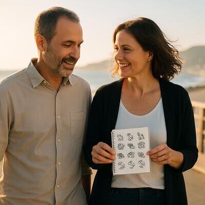 Una coppia discute con calma, usando simboli dello zodiaco cinese come spunto di riflessione.