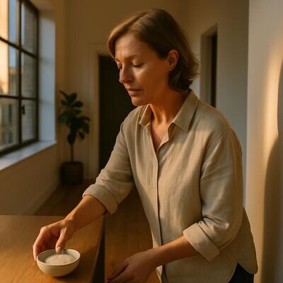 Una persona sistema una ciotolina di sale in casa con atteggiamento calmo e intenzionale.