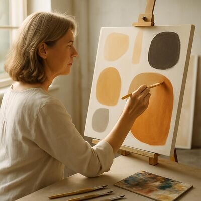 Una donna matura che dipinge su una tela luminosa in uno studio ordinato, simboli numerologici suggeriti da oggetti.