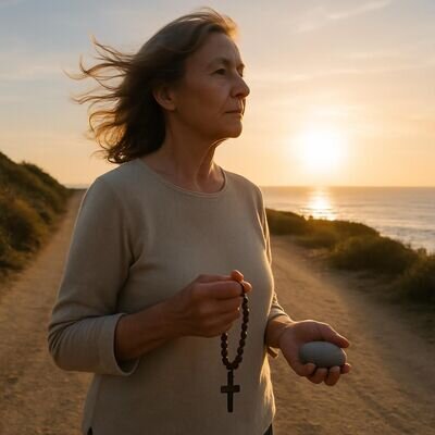 Persona in un paesaggio aperto che riflette, con segni discreti di spiritualit&agrave; e tradizione.