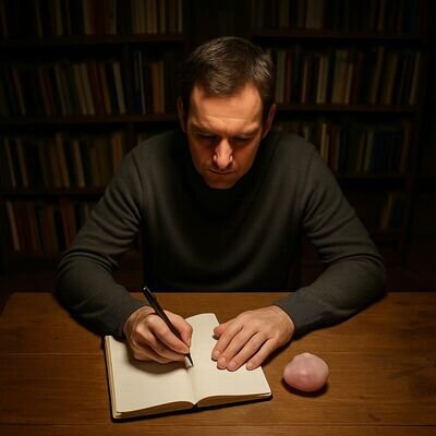 Un uomo scrive su un quaderno con un quarzo rosa accanto, in un&rsquo;atmosfera intima e concreta.