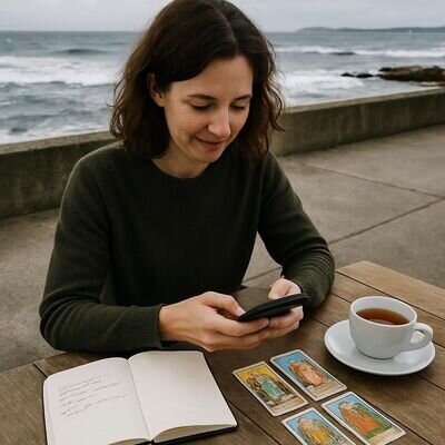 Una persona scrive in chat mentre consulta appunti e carte, in un&rsquo;atmosfera luminosa.