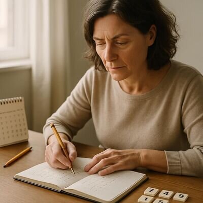 Persona adulta che annota calcoli numerologici su un quaderno con calma e concentrazione.