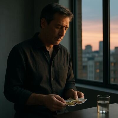 Una persona respira e osserva le carte con calma, come per proteggere la propria serenit&agrave;.
