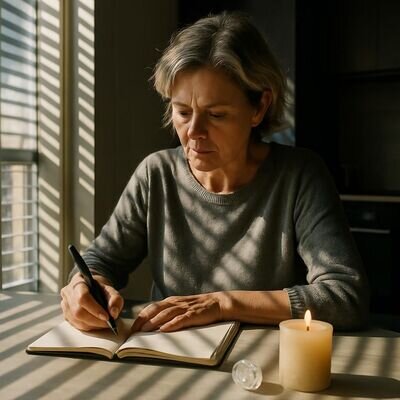 Una persona annota la propria intenzione su un quaderno in un ambiente luminoso e quotidiano.