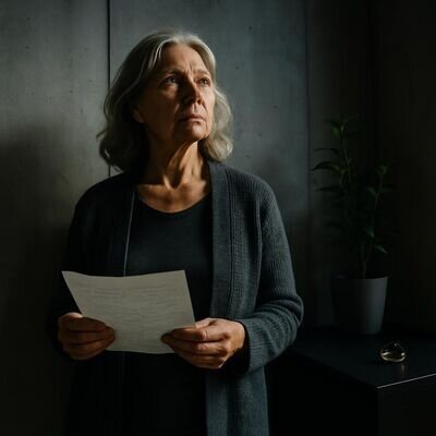 Una persona riflette davanti a un foglio con appunti, con espressione concentrata e serena.