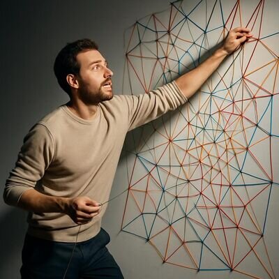 Persona adulta in movimento in uno studio luminoso, crea una trama artistica con fili, evocando la creativit&agrave; dei sogni di ragni.