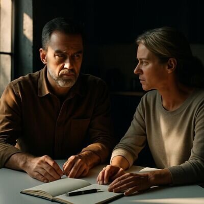 Coppia 
  adulta in un ambiente luminoso, in un momento di confronto calmo e            
  realistico.