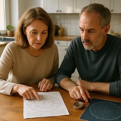 Coppia adulta che guarda insieme una carta astrologica su un tavolo, atmosfera di dialogo e ascolto.