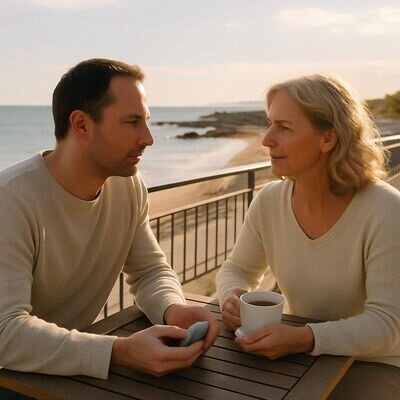 Due persone adulte conversano in modo rispettoso, con attenzione alla comunicazione e ai confini personali.