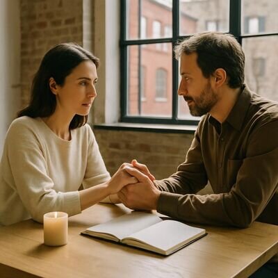 Due partner si guardano con attenzione, in un momento di dialogo calmo e presente.