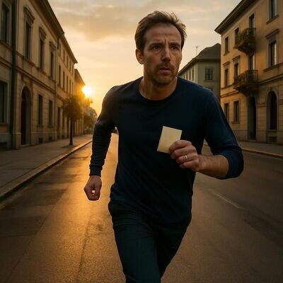 Una persona corre in una strada tranquilla con espressione concentrata, come metafora dell&rsquo;ansia e della fuga interiore.