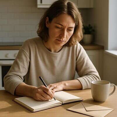 Una donna scrive su un diario in un ambiente luminoso, simbolo di elaborazione narrativa.
