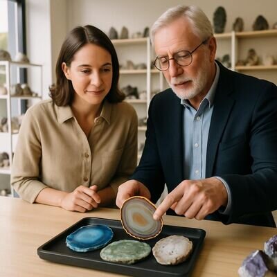Due persone osservano diverse agate e ne scelgono una con attenzione e calma.