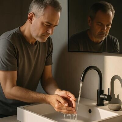 Una persona si lava le mani con attenzione in bagno, come gesto semplice di scarico e centratura.