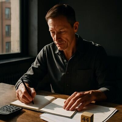 Una persona riflette con calma davanti a numeri e appunti, simbolo di basi solide.