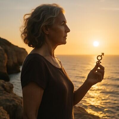 Persona che guarda l&rsquo;orizzonte con un simbolo di Marte in mano, evocando desiderio e ambizione.