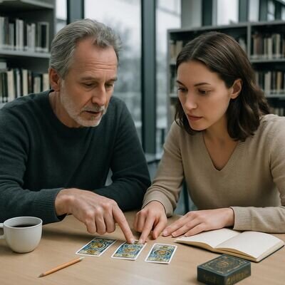 Due persone osservano insieme le carte e discutono con attenzione, atmosfera positiva e concreta.