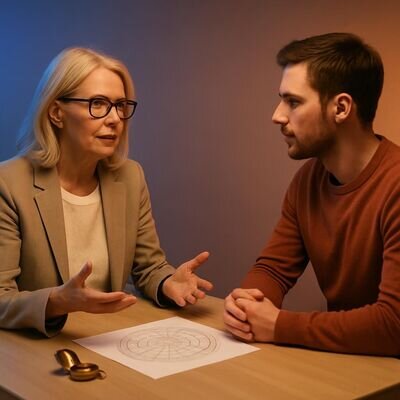 Un consulente e una cliente dialogano in modo sereno con una carta astrologica sul tavolo.