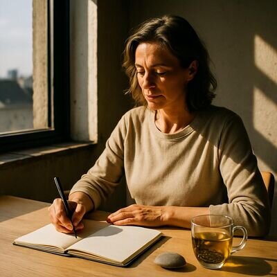 Persona adulta che scrive su un quaderno in un ambiente luminoso, atmosfera di introspezione sicura.