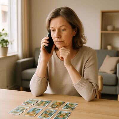 Una persona adulta parla al telefono in un salotto ordinato, con un mazzo di carte sul tavolo.