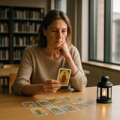 Una persona osserva una carta dei Tarocchi con attenzione, come esercizio di auto-riflessione.
