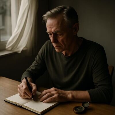Una persona adulta scrive su un quaderno con calma, luce naturale; sullo sfondo una finestra aperta e un oggetto simbolico discreto.