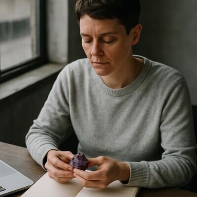 Una persona adulta in ufficio prende una pausa breve con un&rsquo;ametista per ritrovare lucidit&agrave;.