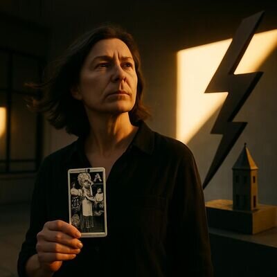 Una persona osserva un simbolo di fulmine e una torre stilizzata, evocando una presa di coscienza improvvisa.