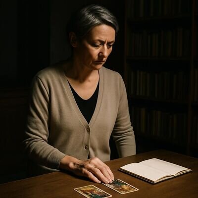 Una donna matura osserva le carte con attenzione in un ambiente di studio, luce intensa e concentrata.