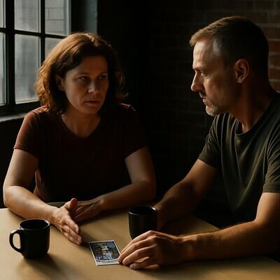 Due persone parlano con sincerit&agrave; in un ambiente luminoso, con un riferimento discreto ai tarocchi sul tavolo.