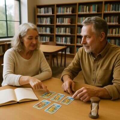 Due persone parlano in modo sereno mentre osservano una carta, come in un consulto orientativo.