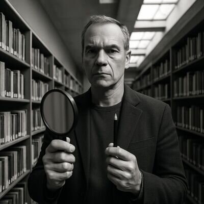 Un uomo in biblioteca osserva appunti e riflette con lucidit&agrave;, richiamando l&rsquo;equilibrio di Ajna.