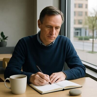 Una persona riflette e scrive in un quaderno in un ambiente luminoso e ordinato, con tazza calda sul tavolo.