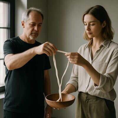 Due persone in un ambiente interno pulito, una scena di distacco rispettoso e centratura.