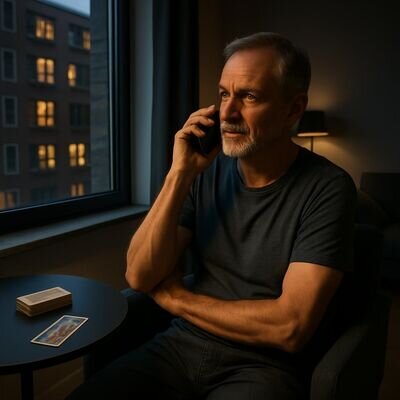 Una persona parla al telefono in un ambiente tranquillo, con un mazzo di carte accanto.