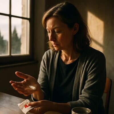 Una persona osserva una piccola ferita alla mano con espressione riflessiva, luce calda e ambiente domestico sereno.