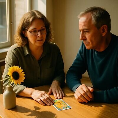 Una consulente e un cliente osservano una carta dei tarocchi illuminata dal sole, atmosfera calda e rassicurante.