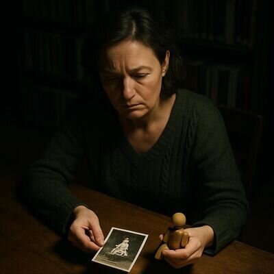Un adulto osserva una vecchia foto e un giocattolo, evocando memoria emotiva e bisogno di cura.