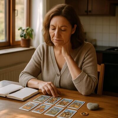 Una persona adulta osserva le carte con espressione concentrata, in un ambiente luminoso e accogliente.