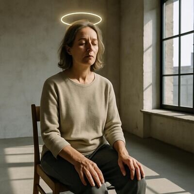 Una persona in un ambiente luminoso che suggerisce calma e ascolto profondo, con un simbolo discreto di &ldquo;corona&rdquo;.