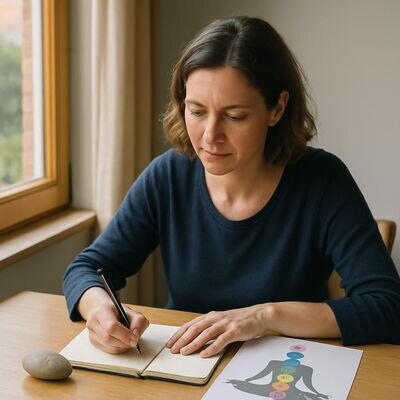 Una persona adulta osserva un quaderno con appunti di meditazione in un ambiente luminoso e tranquillo.