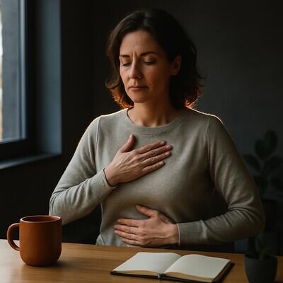 Una donna seduta a una scrivania pratica un respiro lento con mani sul petto e addome.