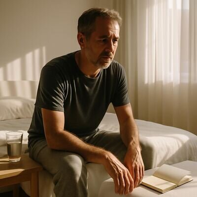 Una persona seduta sul letto al mattino, pensierosa ma calma, come dopo un sogno vivido.