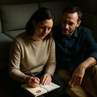 Persona adulta che prende appunti con calma accanto al partner, scena intima e concreta.