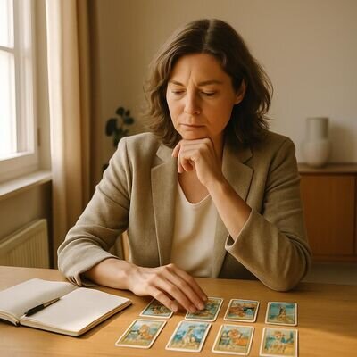 Una persona osserva alcune carte su un tavolo e prende appunti, atmosfera di calma e decisione.