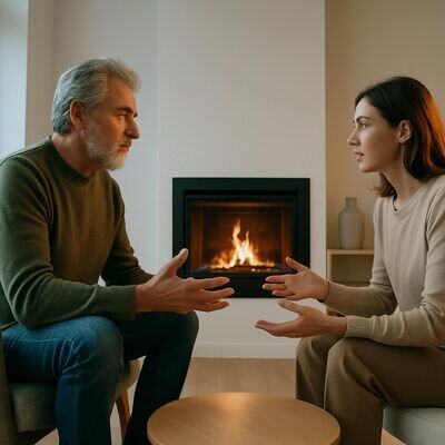 Due persone in un interno luminoso vicino a un camino, atmosfera di dialogo e gestione dell&rsquo;energia.