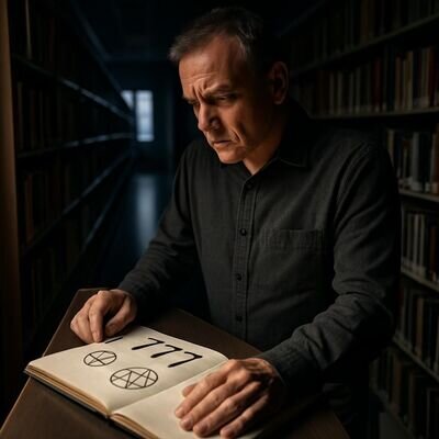 Una persona studia in biblioteca con un quaderno e simboli numerologici, atmosfera di concentrazione.