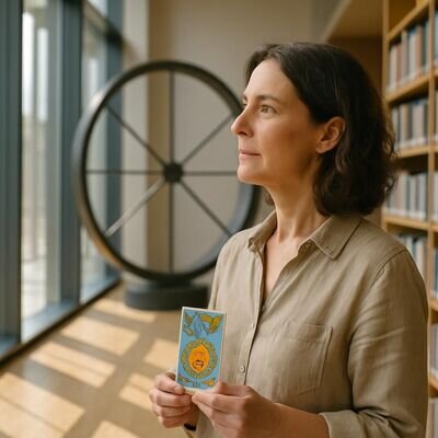 Una persona osserva un simbolo circolare che richiama cicli e cambiamento, in un contesto luminoso e riflessivo.