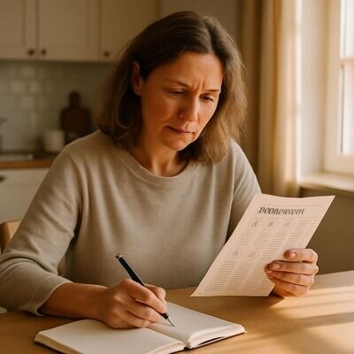 Una persona adulta legge l&rsquo;oroscopo e prende appunti in modo riflessivo.